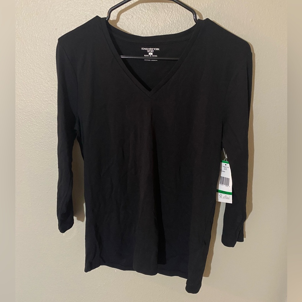 Jones New York Women's Black V-Neck 3/4 Sleeve Sport Top